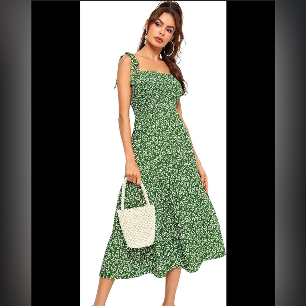 Green smocked maxi dress with shoulder ties